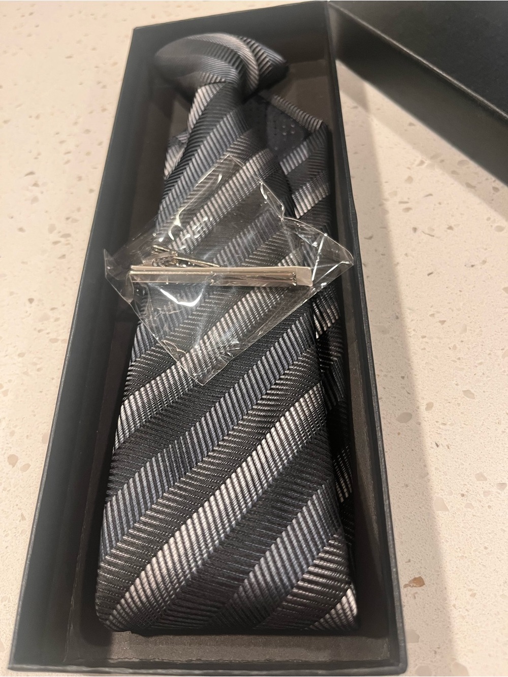 Men's Striped Black & Gray Tie with Silver Tie Clip